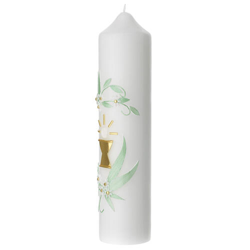 Kerze Eucharistie mit Kelch und Blättern grün, 215x50 mm 3