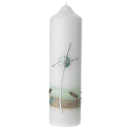 Candle with curved cross and green fish 22x6 cm 1