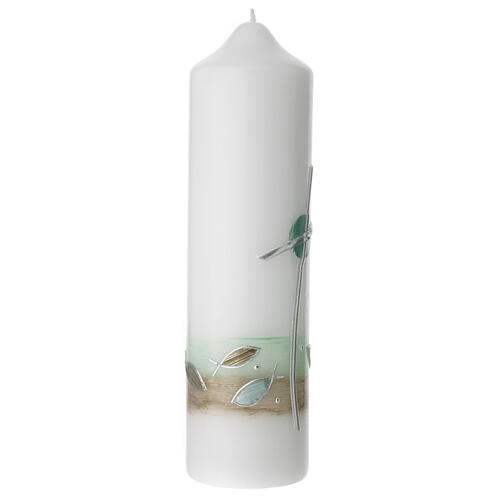 Candle with curved cross and green fish 22x6 cm 3