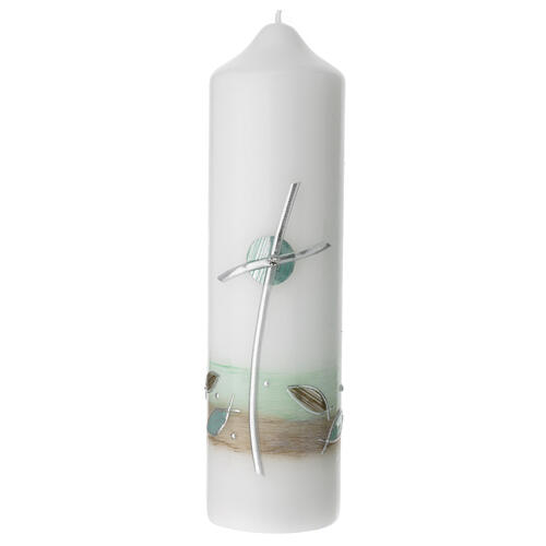 Świeca krzyż zakrzywiony i ryby, zielony detal, 220x60 mm 1
