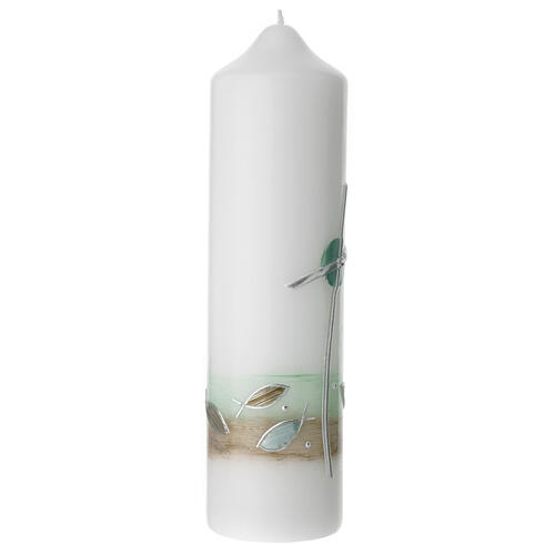 Świeca krzyż zakrzywiony i ryby, zielony detal, 220x60 mm 3
