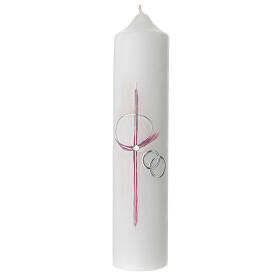 Pink cross candle with intertwined wedding rings 265x60 mm