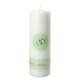 Unity candle with silver wedding rings with green decorations 200x70 mm