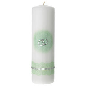 Unity candle with silver wedding rings with green decorations 200x70 mm