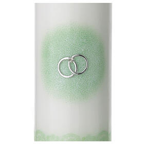 Unity candle with silver wedding rings with green decorations 200x70 mm
