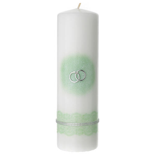 Unity candle with silver wedding rings with green decorations 200x70 mm 1