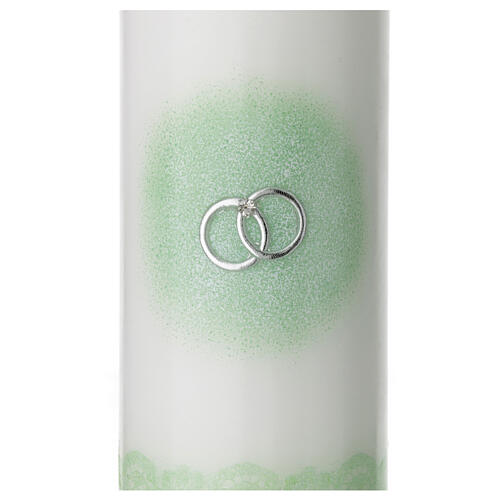 Unity candle with silver wedding rings with green decorations 200x70 mm 2