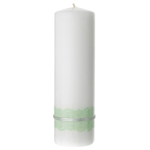 Unity candle with silver wedding rings with green decorations 200x70 mm 3