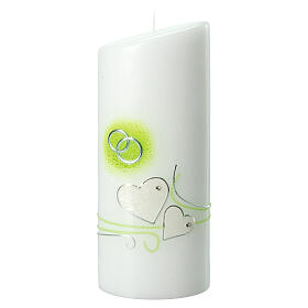 Wedding pillar candle green hearts and rings 230x90 mm