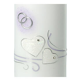Hochzeitskerze mit Eheringen und lilafarbenen Details, 230x90 mm