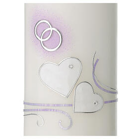 Hochzeitskerze mit Eheringen und lilafarbenen Details, 230x90 mm