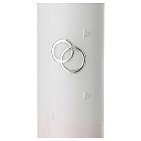 Wedding candle with pink band silver rings little hearts 265x60 mm