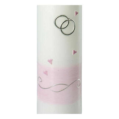 Wedding candle with pink band silver rings little hearts 265x60 mm 2