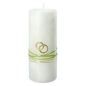 Candle with wedding rings, green and gold, 180x70 mm