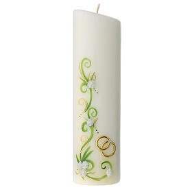 Wedding pillar candle with white flowers gold rings 240 mm