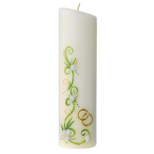 Wedding pillar candle with white flowers gold rings 240 mm 1
