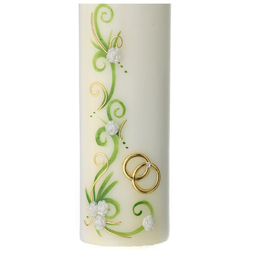 Wedding pillar candle with white flowers gold rings 240 mm 2