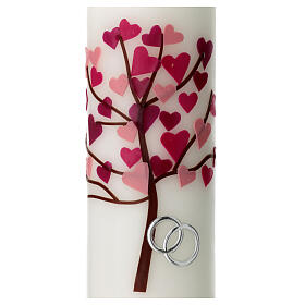 Wedding candle, pink tree of life and rings, 275x70 mm