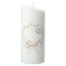 Wedding candle, wreath with pink ribbon and rings, 230x90 mm