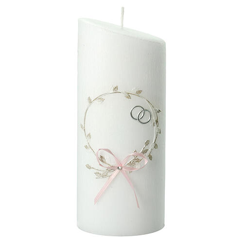 Wedding candle, wreath with pink ribbon and rings, 230x90 mm 1