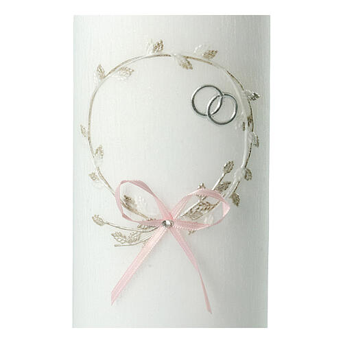 Wedding candle, wreath with pink ribbon and rings, 230x90 mm 2