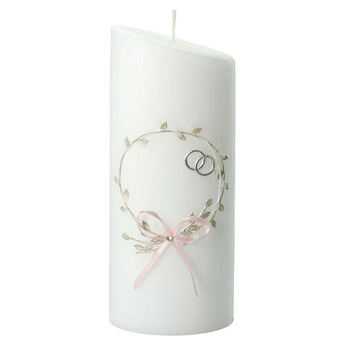 Marriage candle with wreath pink bow rings 230x90 mm 1