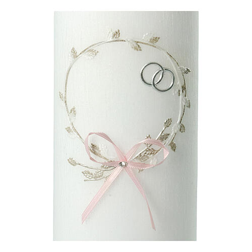 Marriage candle with wreath pink bow rings 230x90 mm 2