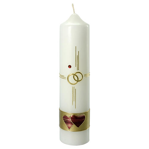 Wedding candle, cross, rings and dark red hearts, 265x60 mm 1