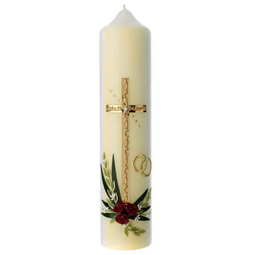 Wedding candle with golden cross, rings and flowers, 265x60 mm 1