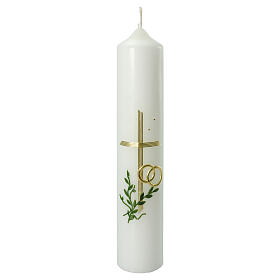 Wedding candle, golden rings and cross, green branches, 265x60 mm