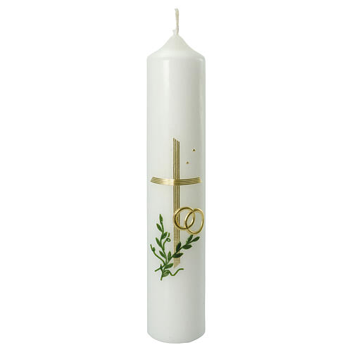 Wedding candle, golden rings and cross, green branches, 265x60 mm 1