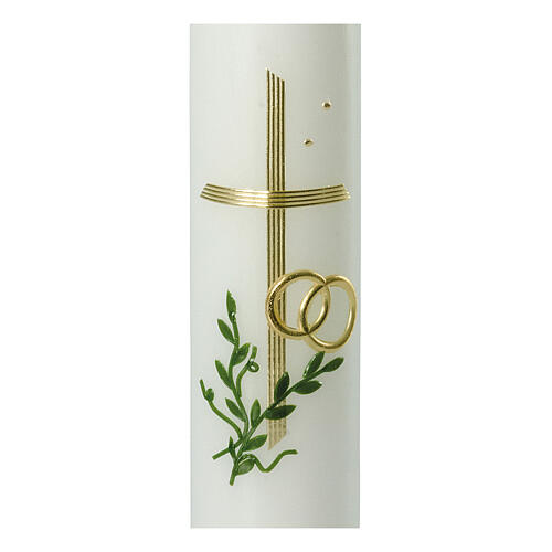 Wedding candle, golden rings and cross, green branches, 265x60 mm 2