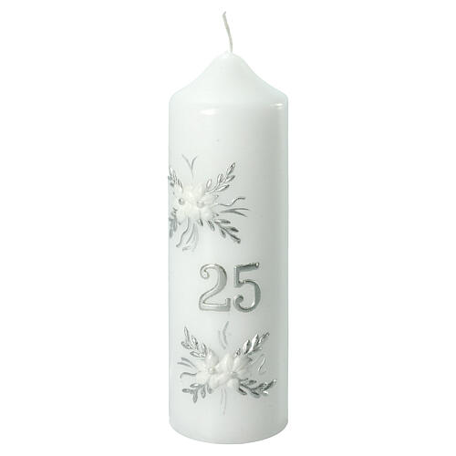 Silver anniversary candle grey leaves decor 165x50 mm 1