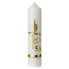 Golden anniversary candle, cross rings and number, 265x60 mm