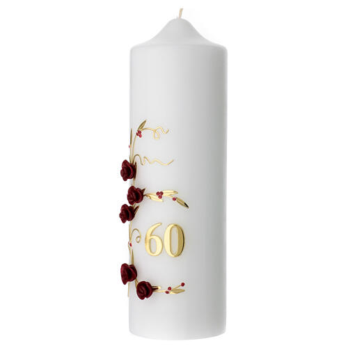 Kerze für 60jähriges Jubiläum mit roten Rosen und goldenen Details, 225x70 mm 3