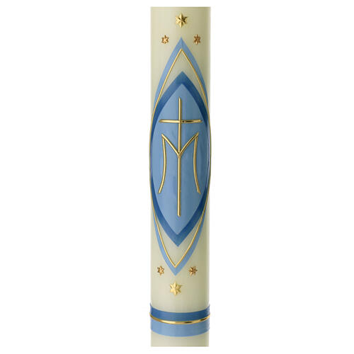 Marian candle with light blue decoration, cross and stars, 600x60 mm 2