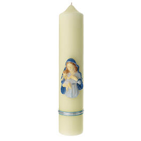 Ivory candle with Virgin and Baby Jesus and light blue veil 40x8 cm