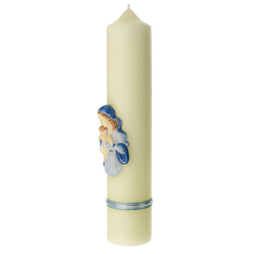 Ivory candle with Virgin and Baby Jesus and light blue veil 40x8 cm 3