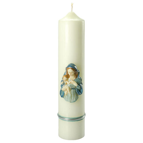 Cierge ivoire Vierge à l'Enfant voile bleu clair 400x80 mm 1