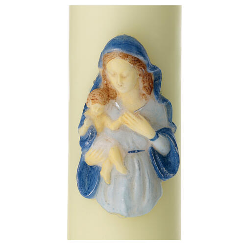 Świeca w kolorze kości słoniowej Maryja i Dzieciątko, błękitny welon, 400x80 mm 2