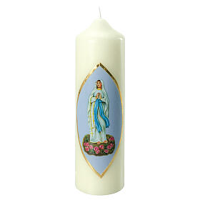 Our Lady of Lourdes candle, light blue background 22x6 cm