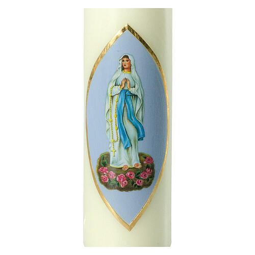 Vela Virgen Lourdes fondo celeste 220x60 mm 2
