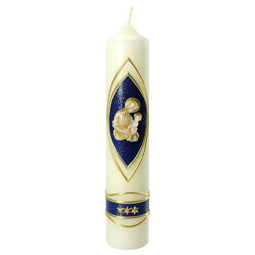 Marian candle, blue and golden decoration, Virgin with Child and stars, 265x50 mm 1