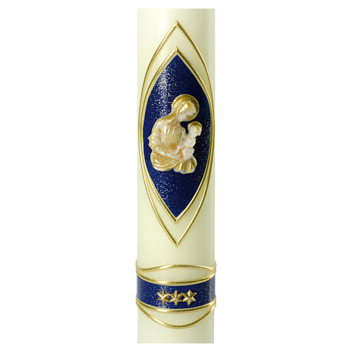 Marian candle, blue and golden decoration, Virgin with Child and stars, 265x50 mm 2