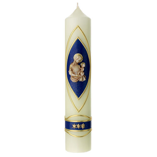 Marian candle, blue and golden decoration, Virgin with Child and stars, 265x50 mm 1