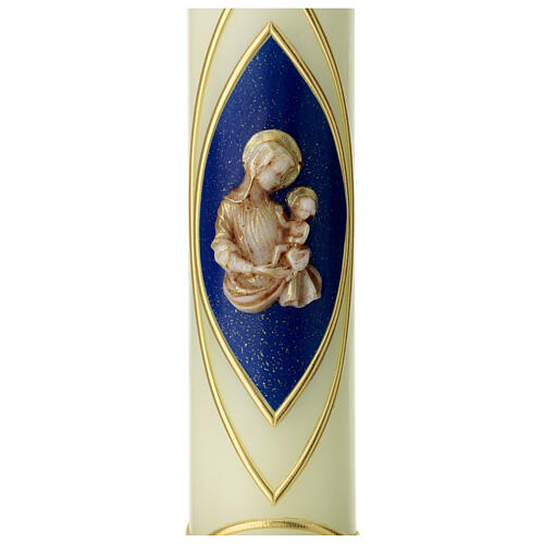 Marian candle, blue and golden decoration, Virgin with Child and stars, 265x50 mm 2