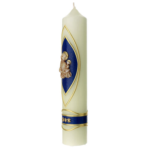 Marian candle, blue and golden decoration, Virgin with Child and stars, 265x50 mm 3