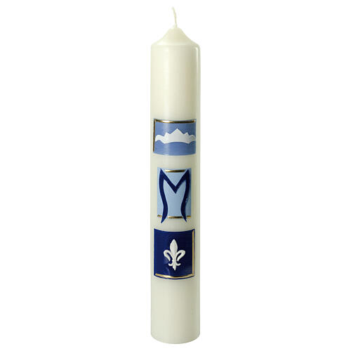 Marian candle with blue squares and lily 40x6 cm 1