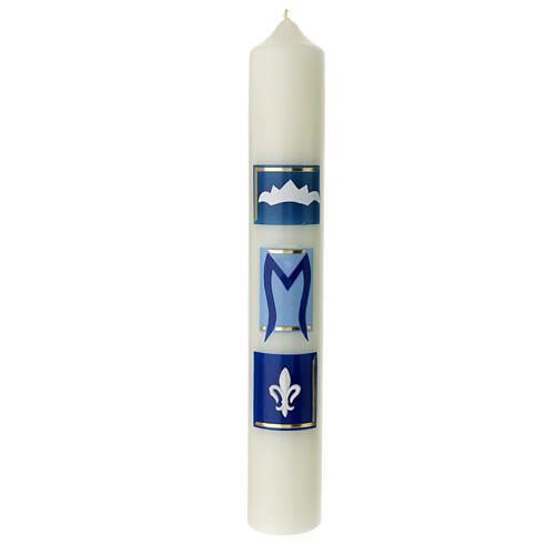 Marian candle with blue squares and lily 400x60 mm 1