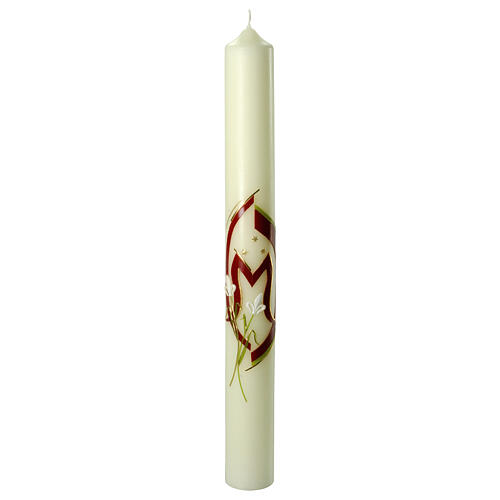 Marian candle with red M and white lilies 60x6 cm 1